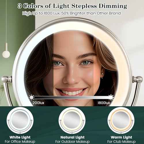 VESAUR 11.8" Extra Large 17" Tall Lighted Makeup Mirror, 1X/5X/10X 3-Sided Magnifying Mirror with 96 LEDs, 3 Color Dimmable Lights, 360¡Æ Swivel Dual Power Vanity Mirror, Nickel Finish - Great Gift