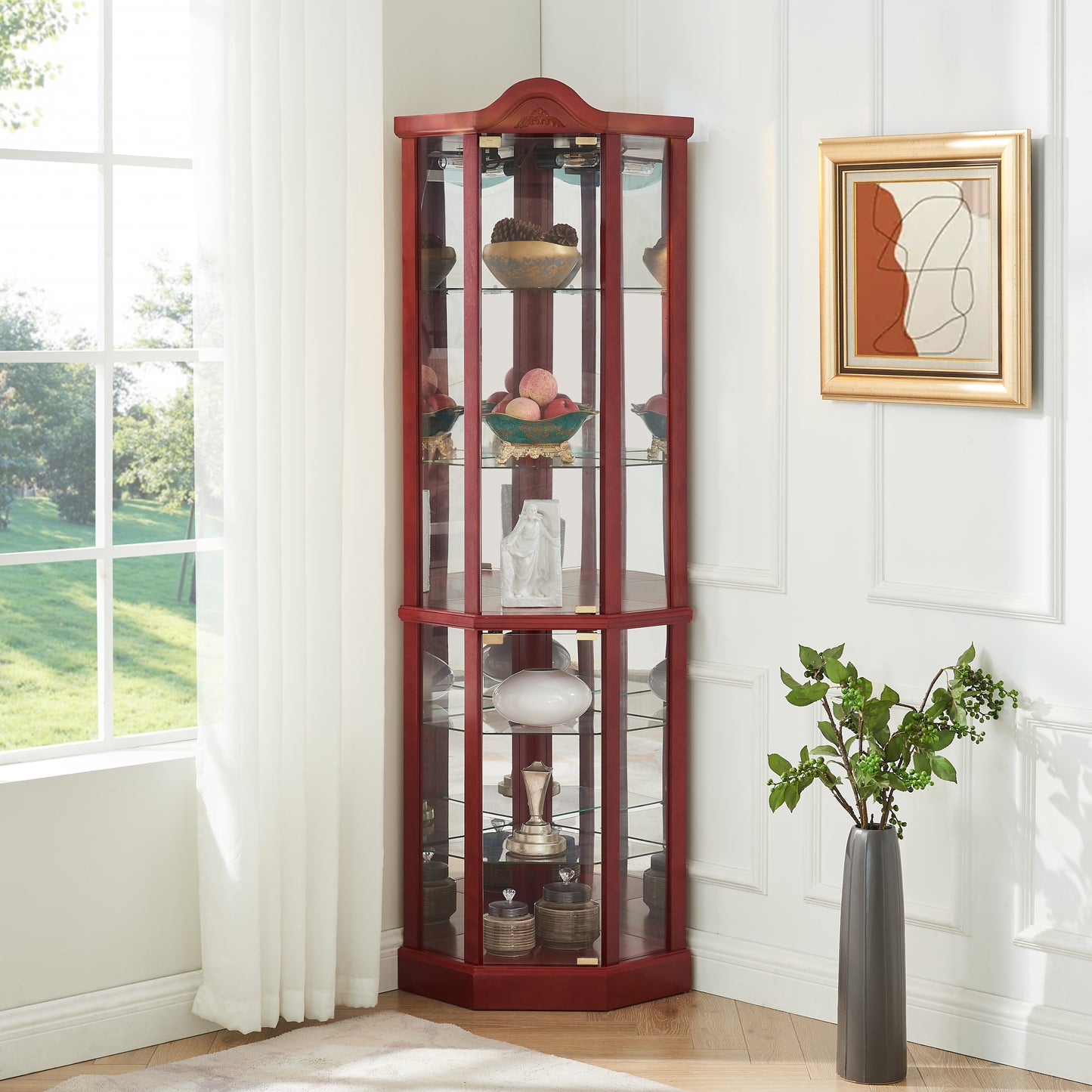 Glass Cabinet Lighted Corner Display Curio Cabinet, With Light