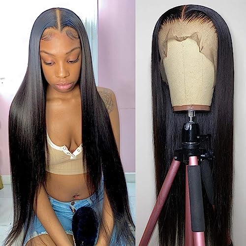 Straight Lace Front Wigs Human Hair 180% Density 13x4 HD Transparent Lace Frontal Human Hair Wigs for Women 180% Density Glueless Wigs Human Hair Pre Plucked Natural Black Color 20inch