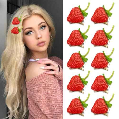 10 Pcs Strawberry Hair Clips Women Bangs Alligator Clips Christmas Birthday Decoration Accessories Fruit Daily Hairpins Red Green Bobby Pins
