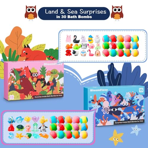 30 Kids Bath Bombs with Surprise Inside ? Gift Set with 30 Unique Land & Sea Animal Toys, Fun, Educational, and Child-Safe Natural Bath Bombs with Toys, Great Gift for Kids¡¯ Birthdays & Christmas