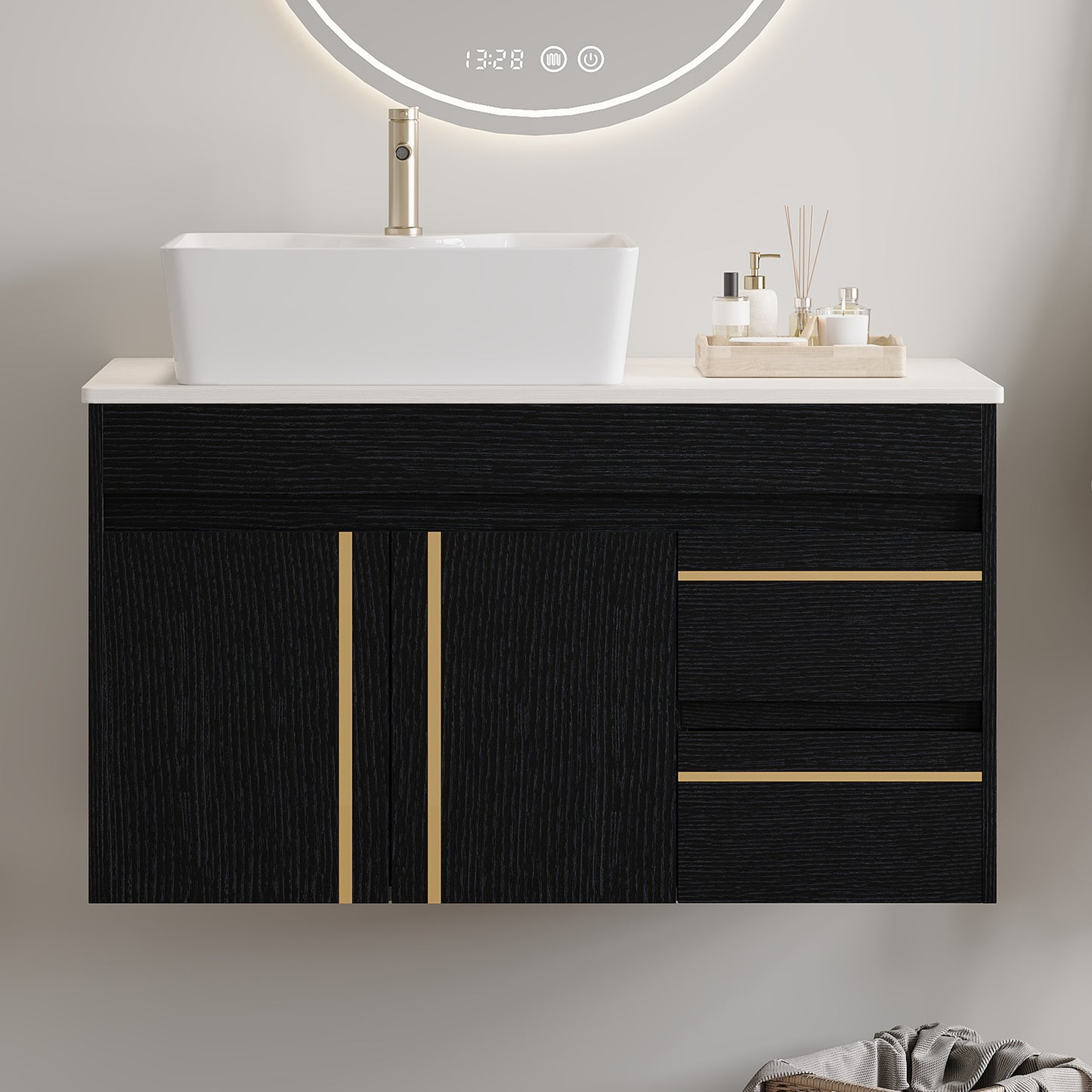 36" Wall-Mounted Bathroom Vanity with Vessel Sink & Plywood Countertop - Soft-Close Drawers & Floating Design