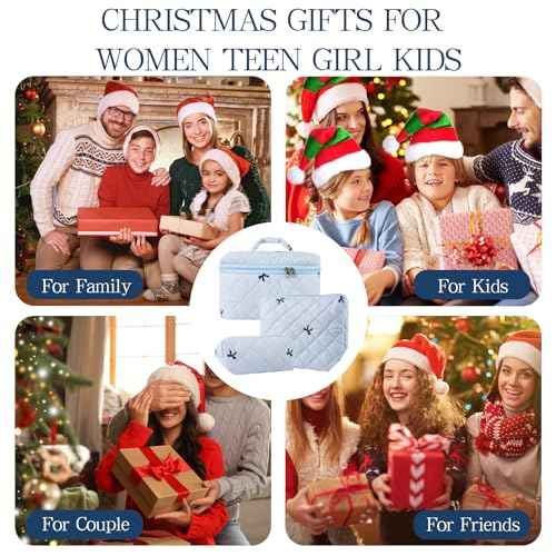 3Pcs Quilted Makeup Bag, Cute Floral Cotton Cosmetic Bag set, Coquette Bow Makeup Pouch Large Travel Toiletry Bag