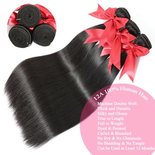 12A Straight Bundles Human Hair with 5x5 Closure 14 16 18+12 Inch Brazilian Human Hair Weave Bundles with 5x5 HD Lace Closure 100% Unprocessed Virgin Hair Extensions