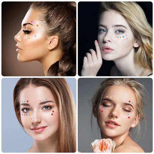 OIIKI 6 Sheets Colorful Star Face Gems Stickers, Eye Rhinestones Makeup Stickers, Women Makeup Jewels, Rave Accessories for Parties, Festival, Daily Use (1sheet/88pcs)