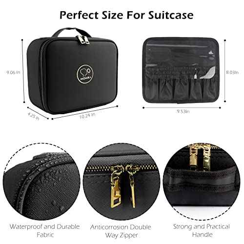 MOMIRA Travel Makeup Bag Cosmetic Bag Makeup Organizer Bag with Lighted Mirror, Adjustable Brightness in 3 Color Scenarios, Waterproof Makeup Train Case, Gift for Women - Black