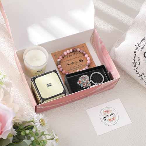 Appreciation Gifts for Mom - 5pcs Pink Box Set for Best Mother Birthday Christmas Gift for Women Thank You Present Kit with Makeup Bag Card Bracelet Keychain Candle