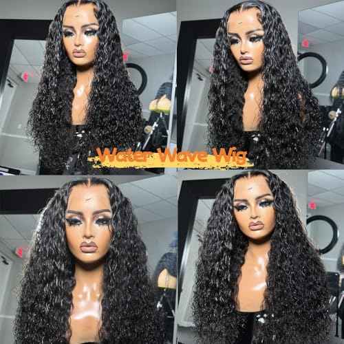 Caijuxing Water Wave Lace Front Wigs Human Hair 13x6 HD Lace Front Wigs Human Hair 200% Density (Natural Black- Water Wave Wig, 28 Inch)