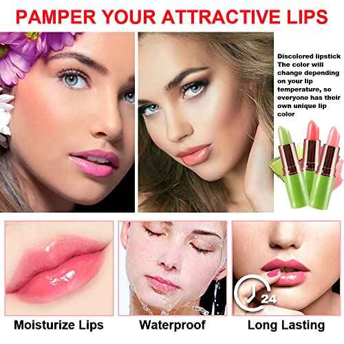 evpct 3Pcs Magic Color Changing Lipstick Long Lasting Waterproof 24 Hours Original for Women, Aloe Vera Strawberry Peach Pink PH Mood Permanent Color Changing Lipstick Lip Balm Gloss, labial magico
