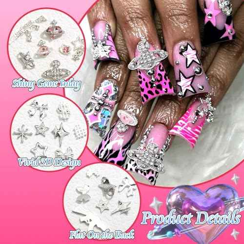 BELICEY 66Pcs 3D Nail Charms Silver Bow Star Planet Charms for Nails Alloy Gun Heart Dollar Charms and Gems Pink Crystal Rhinestones Y2k Nail Jewels Accessories for Nail Art Supplies Crafts Design