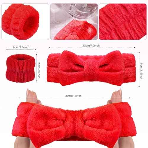 Hanaive 3 Pcs Face Wash Headband and Wristband Set Bow Spa Headbands Face Wash Arm Cuffs for Women Makeup Skincare Bath Headbands Wrist Bands for Washing Sleepover Party Supplies(Red)