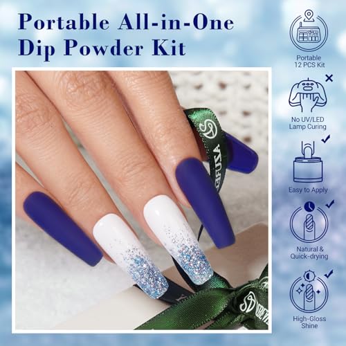 AZUREBEAUTY Christmas Dip Powder Nail Kit Winter White Navy Blue Glitter 4 Colors Acrylic Dipping Powder Liquid Set with Base/Top Coat Activator for French Nail Art Manicure DIY Gift for Women