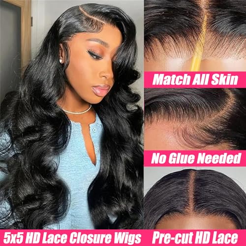 5x5 HD Lace Closure Wigs Glueless Wigs Human Hair Pre Plucked Pre Cut Human Hair Wear and Go Body Wave Lace Front Wigs Human Hair for Black Women 180 Density 20 Inch