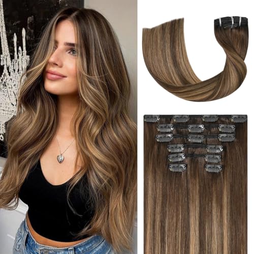 Balayage Hair Extensions Real Human Hair, Ombre Medium Brown Fading to Caramel Blonde 14 inches 120g Highlights 100% Human Hair Natural Straight Woman Beauty Clip ins #4/27/4