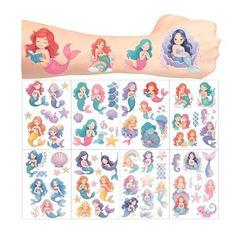 8Sheet - 110PCS Mermaid Temporary Tattoos for Kids ? Cartoon Fake Tattoos Stickers for Birthday Party Favors, Gifts, DIY Decoration & Fun Activities ? Waterproof & Skin-Safe (Mermaid)