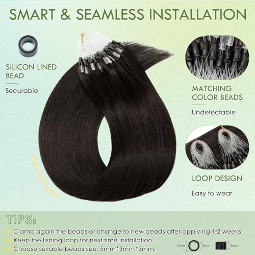 Hairro Microlinks Hair Extensions Human Hair Micro Loop Hairpieces Easy Pre Bonded Cold Fusion Keratin Stick Micro Bead Hair Extension For Women 24 inch 50g 100 Strands #1B Natural Black