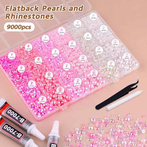 9000PCS Flatback Pearls and Pink Rhinestones for Bedazzling Kit, Pink White 3-10mm Resin Rhinestones Gems and Half Pearls for Crafting, Nail Art and Grad Cap Decor with B7000 Jewelry Glue
