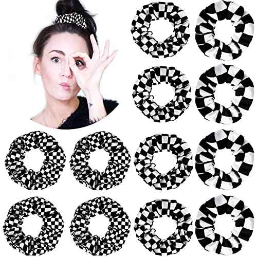 12 Pieces Checkered Scrunchies Hair Ties - Christmas Buffalo Plaid Elastic Ponytail Holders in Black and White for Girls and Women