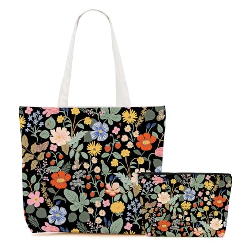 Aesthetic Floral Tote Bag Makeup Bag Flower Decor Gifts for Girls Christmas Shopping Grocery Bags Cosmetic Bags