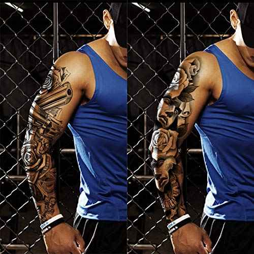 4 Sheets Black Full Arm Flower Clock Mask Rose Gun Cross Body Art Temporary Tattoo Stickers