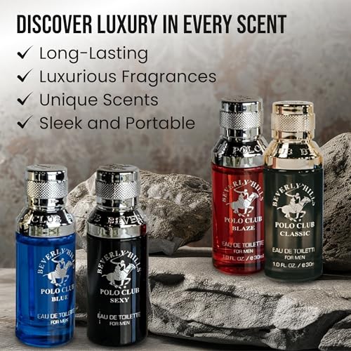 Beverly Hills Polo Club Exclusive Fragrance Collection For Men With 4 Different Fragrances, Blaze, Blue, Classic, and Sexy, 1fl oz Each (Pakaging May Vary)