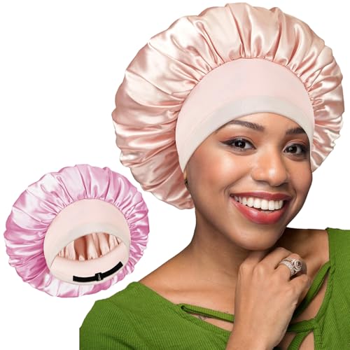 BONNET QUEEN Silk Bonnet for Sleeping Women Satin Bonnet Hair Bonnet Adjustable Reversible Double Layered Sleep Night Cap for Curly Hair Jade and Pink
