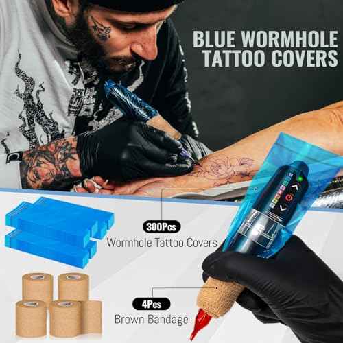 300Pcs Tattoo Machine bags, Tattoo Ppen Covers with 4 Pcs Bandage, 7.4 X 2.5inch, Halloween Disposable Cover Tattoo Machine Gun Bags Plastic Sleeve, Blue