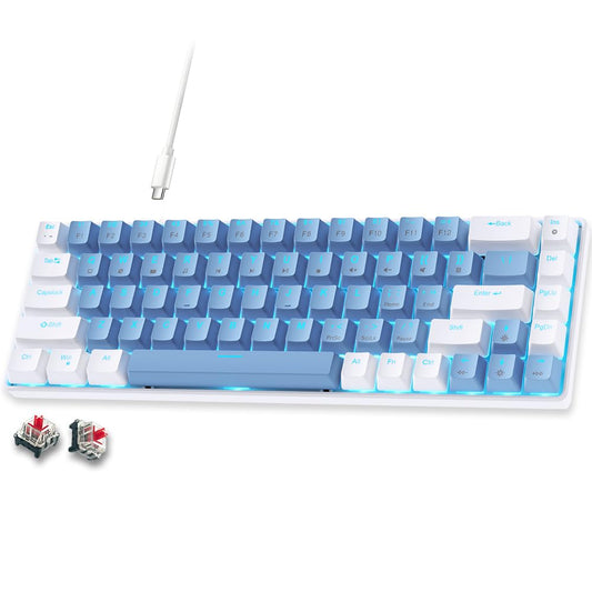 abucow 60% Mechanical Gaming Keyboard, Red Switch Wired Compact Keyboard with Blue Backlight, Swappable White Blue Keycaps, for Windows/Mac