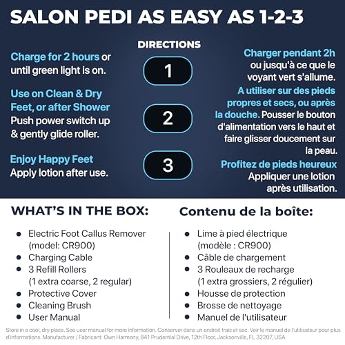 Electric Callus Remover: Rechargeable Electronic Foot File CR900 by Own Harmony(Tested Most Powerful) Best Pedicure Tools w 3 Rollers Professional Pedi Feet Care Sander for Cracked Heels and Hard Skin