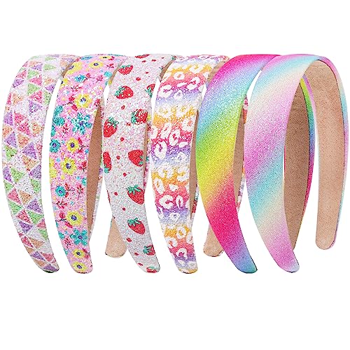 Fishdown Headbands for Girls 3 CM Wide, 6 Pack Sparkly Hair Bands for Kids, Flower Rainbow Sequin Girls Headbands for Kids Children Teens Women