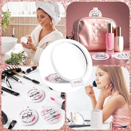 Wenqik 100 Pcs Inspirational Mini Compact Mirror for Purse Women Small Gifts Bulk, Round Makeup Folding Mirror, Thank You Gift Bag Stuffer Items, Christmas for Coworker Employee Staff (Light Pink)