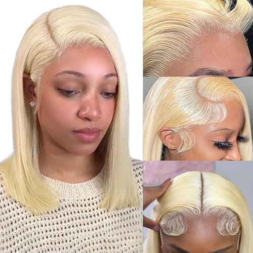 Brazilian 14 Inch Straight Blonde Bob Wig Human Hair 613 Lace Front Wig Human Hair 180% Density Pre Plucked 13x6 HD Transparent Lace Front Wig With Baby Hair 613 Blonde Lace Frontal Wigs for Women