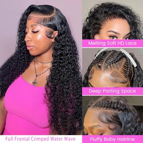 Water Wave Lace Front Wigs Human Hair Pre Plucked Bleached Knots Wet and Wavy 13x6 HD Lace Frontal Wigs for Black Women 200% Density Brazilian Remy Human Hair (Water Wave Wig, 24 Inch)