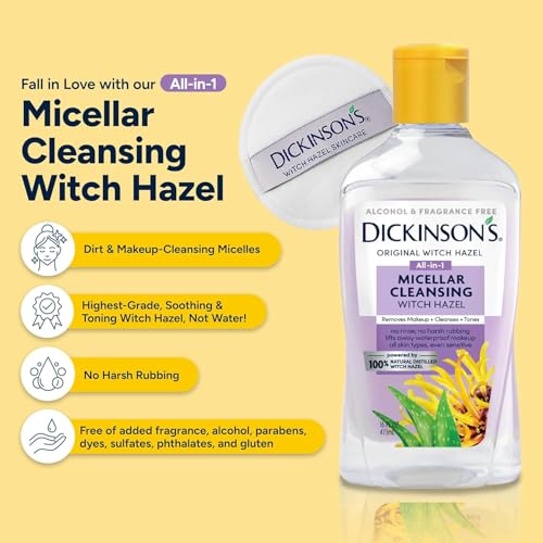 Dickinson's Micellar Cleansing Witch Hazel, An All-in-1 Makeup Remover, Pore Refiner, Skin Cleanser and Toner; Alcohol Free with Aloe, for Sensitive Skin, 16oz