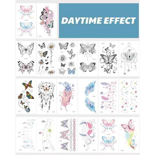 20 Sheets Glow In The Dark Butterfly Temporary Tattoos for Women Girls, Luminous Flower Butterflies Wings Kids Fake Tattoo Stickers Art Makeup Waterproof for Face Body Arm Party Favors