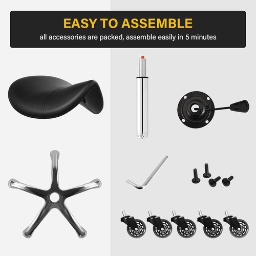 WKWKER Heavy Duty Saddle Rolling Stool With Wheels - Hydraulic Swivel Adjustable Chair, Ergonomic Thick Leather Seat for Kitchen, Drafting, Lab, Office, Salon, Message - Black