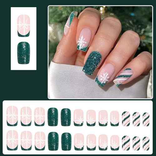 24Pcs French Tip Press on Nails Short Square LINMEIZAI Nail Tips Glitter Fake Nails Press Ons Nail Glue on Nails Acrylic Nails Kit with Peppermint Red Nails Nail Art for Women Christmas Decorations