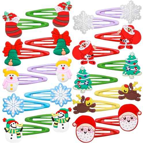 30PCS Christmas Hair Clips for Girls Women, Santa Claus Christmas Tree Bells Reindeer Snowman Snowflakes Stockings No Slip Snap Hair Pins Hair Accessories