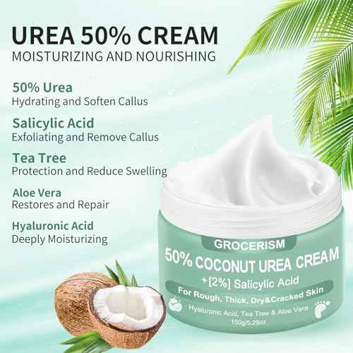 Grocerism Urea Cream 50 Percent for Feet with Coconut 5.29 oz || Foot & Hand Cream Maximum Strength with 2% Salicylic Acid, Tea Tree and Aloe Vera for Deep Moisturizing and Callus Removing