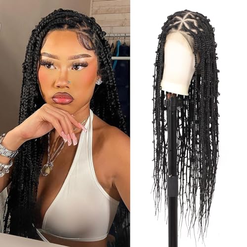 Lexqui 36" 360¡Æ HD Full Lace Braided Wigs for Women Knotless Butterfly Box Braid Wig with Baby Hair Free Parting Synthetic Hair Lace Front Braid Wig Long Braided Lace Front Wigs Black