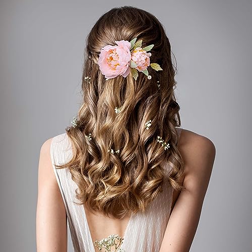 2pcs Silk Flower Hair Clips for Women, 2 in 1 Flower Brooch, Pearl Floral Hair Pins Barrettes for Women Girls Brides Party Wedding Decor Hair Buns Updo Holder Accessories- Pink & Light Pink