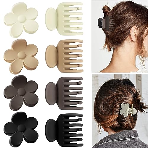 8PCS Hair Clips for Thin Hair, Matte 1.6'' Double Row Teeth Jaw Hair Claw Clips and 1.5'' Flower Hair Clips for Women with Neutral Color
