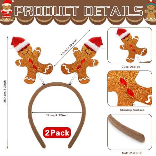 2 Pieces Gingerbread Headbands with Glitter Surface and 3D Santa Hat Cute Brown Gingerbread Hair Hoop Headpiece for Xmas Festival Party Holiday Themed Events