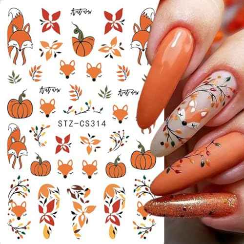 Fall Nail Art Stickers 3D Thanksgiving Leaf Nail Decals Nail Art Supplies Self-Adhesive Gold Maple Leaves Pumpkin Little Fox Nail Designs DIY Salon Accessories Autumn Winter Manicure for Women