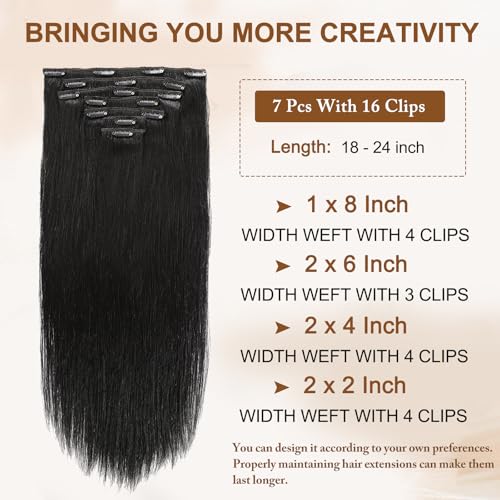 16A Premium Clip in Hair Extensions Real Human Hair, 24inch 120g 7pcs （Service life1.5~2 years）Remy Seamless Invisible Double Weft Human Hair, #1 Natural Black Multiple Washes Keep Texture Soft