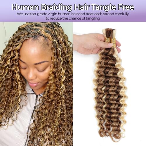 P27/30/613 Human Braiding Hair for Boho Braids Highlight Brown Blonde Deep Wave Bulk Human Hair for Braiding Crochet Curly Braiding Human Hair Knotless Bohemian Braids100g (2 of 50g) 18 Inch
