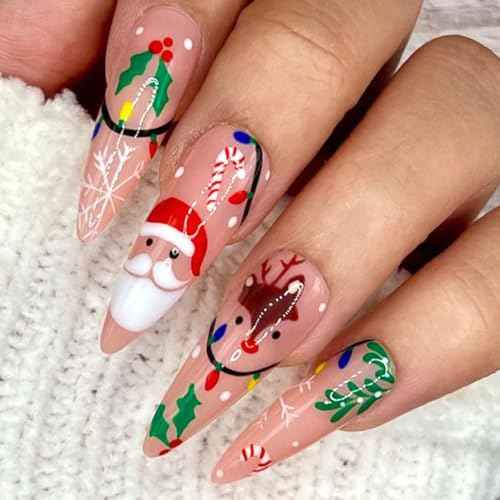 Christmas Press on Nails Long Almond Fake Nails Cute Xmas Nails Press ons with Santa Candy Elk Snowflake Winterberry Design Full Cover Stick on Nails for Women Manicure,Glossy | Reusable | 24Pcs