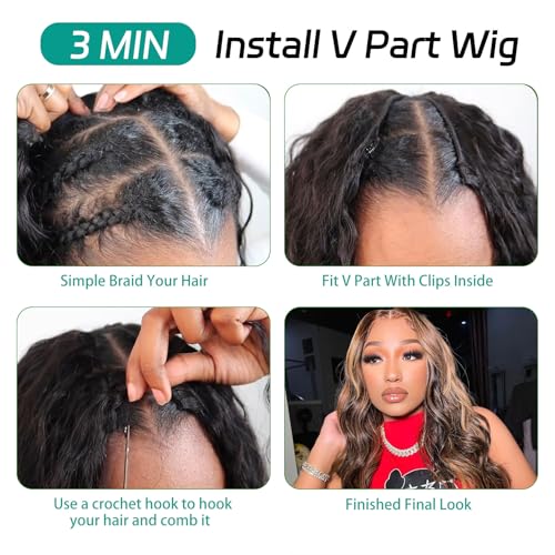 V Part Wig Human Hair Body Wave Glueless No Leave Out Upgrade 22 Inch U Part Wigs Human Hair Clip In Half Wigs 100% Real Human Hair Elastic Drawstring For Women 180% Density #1B/30