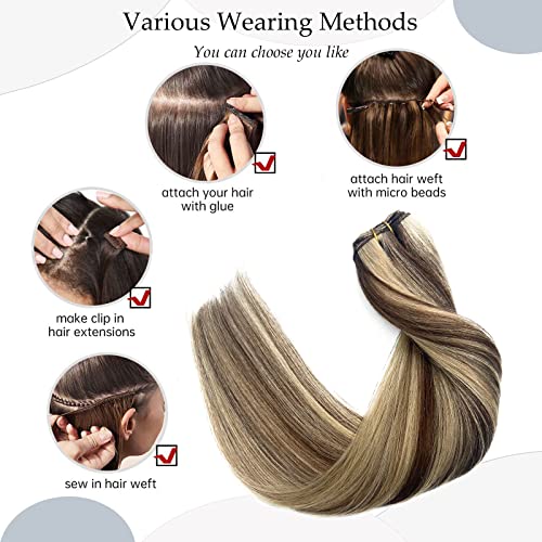 Sew in Hair Extensions Real Human Hair, Weft Hair Extensions Human Hair Bundles, Brown Balayage Ash Blonde Hand Tied Weft Hair Extension Human Hair, 22 Inch 120G Sew in Extensions for Women