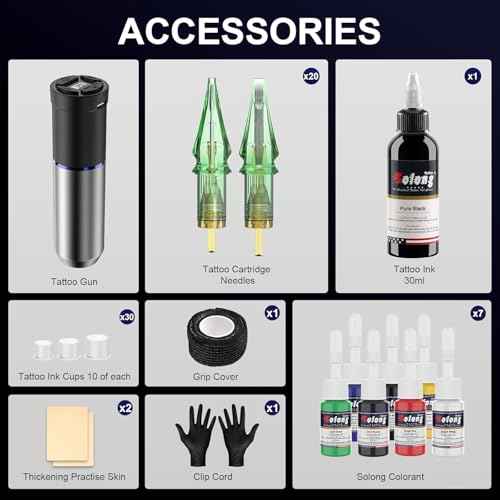 Tattoo Gun Kit,Solong Wireless Tattoo Kit 1600mAh Power 2 Operating Modes with LED Display 20Pcs Assorted Tattoo Needles and Ink Travel Bag Complete Tattoo Supplies SLE72KIT-7